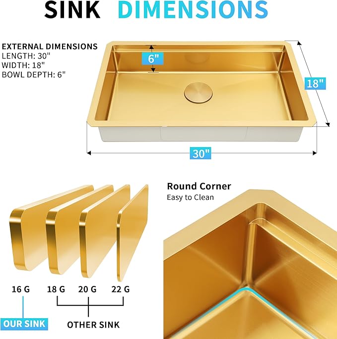 Gold Undermount Kitchen Sink, 16 Guage 304S Stainless Steel Workstation Sinks with Full Set Accessories, 30" x 18" x 6" Single Bowl ADA-Compliant Kitchen Sink, 6 Inch Deep Gold ADA Sink