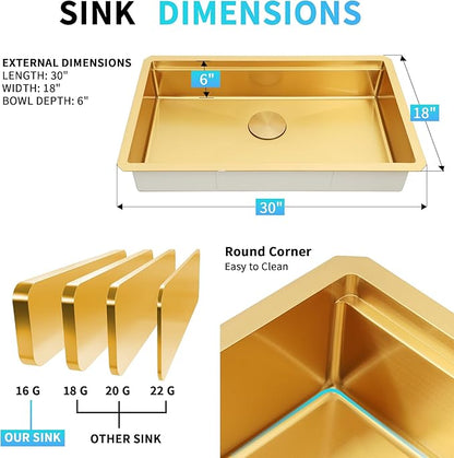 Gold Undermount Kitchen Sink, 16 Guage 304S Stainless Steel Workstation Sinks with Full Set Accessories, 30" x 18" x 6" Single Bowl ADA-Compliant Kitchen Sink, 6 Inch Deep Gold ADA Sink
