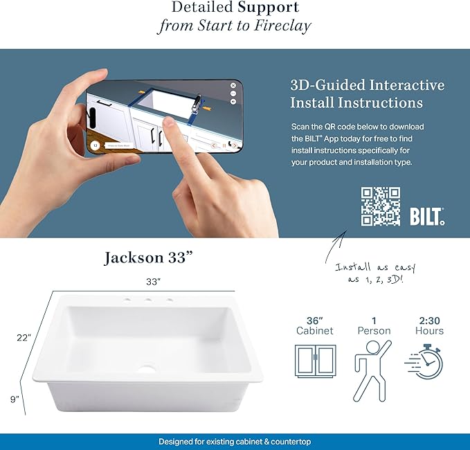 Sinkology Jackson 33 Inch White Fireclay Drop-In Kitchen Sink, Single Bowl, 4 Faucet Holes, Fits 36 Inch Cabinet, Surefire Finish