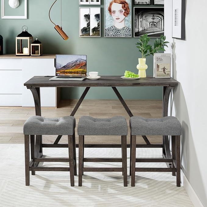 Polibi 4-Piece Farmhouse Counter Height Dining Set,Bar Table and Chairs Set,Bar Table with Power Outlet and 3 Padded Saddle Seat Stools for Living Room,Dining Room,Game Room,Dark Gray