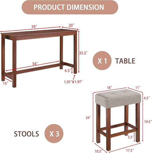 Merax 59 Inch Industrial Bar Table Set with Power Outlet & 3 Stools, Kitchen Dining Table with Charging Station, Counter Height Workstation for Small Space,Cherry