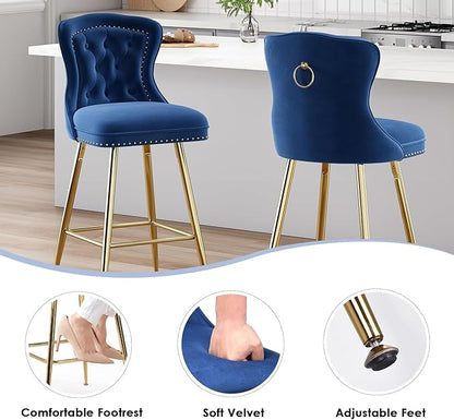 Luxurious Velvet Counter Height Bar Stools Set of 2 with Metal Legs, Button Tufted, Nailheads Trim, Wing-Back Bar Chairs for Kitchen Island Dining Room Pub(Blue)