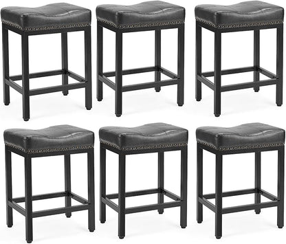 Sweetcrispy 24 inch Bar Stools Set of 6, Upholstered Modern Counter Height Bar Stools for Kitchen Island Modern PU Leather Sadless Stools Chair with Metal Base and Footrest,Black