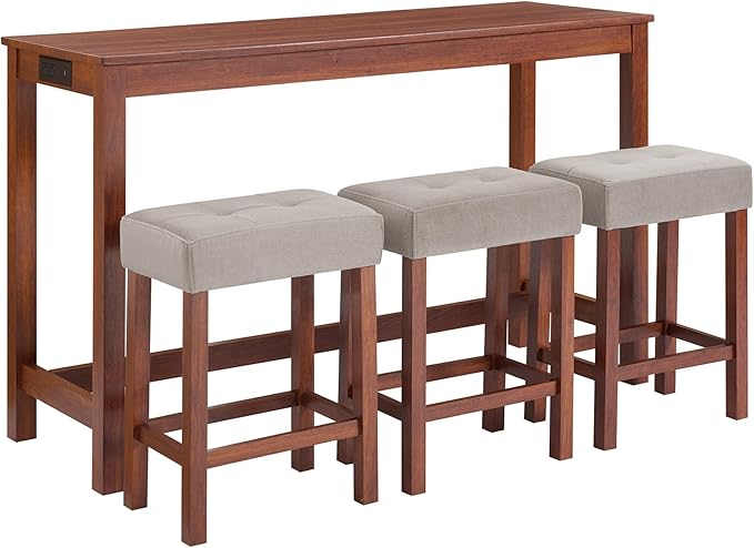 LKTART Bar Table and Chairs Set, 4 Piece Counter Height Bar Table Set with Power Outlet and 3 Upholstered Stools, Industrial Breakfast Table for Living Room, Cherry