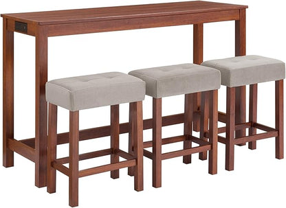 LKTART Bar Table and Chairs Set, 4 Piece Counter Height Bar Table Set with Power Outlet and 3 Upholstered Stools, Industrial Breakfast Table for Living Room, Cherry