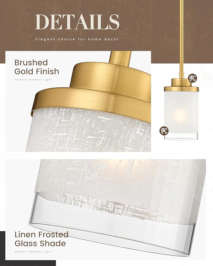TENGXIN Modern Pendant Light for Kitchen Island, 6 Inch Brushed Gold Hanging Ceiling Light Fixture,Farmhouse Pendant Lighting for Dining Room Bedroom Bar Office 2Pack,TXPLBG01-2PK-L