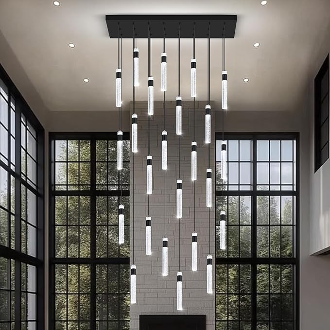 Glam Rectangular Crystal Column Chandelier for High Ceiling 24-Lights Black LED Dimmable Long Crystal Chandelier for Foyer Living Room Adjustable Height