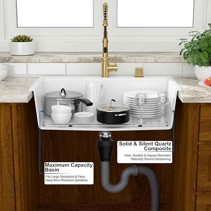 Mocoloo 33 Inch Drop in Workstation Kitchen Sink, 33x22 White Granite Composite Quartz Single Bowl Topmount Ledge Sink Above Counter