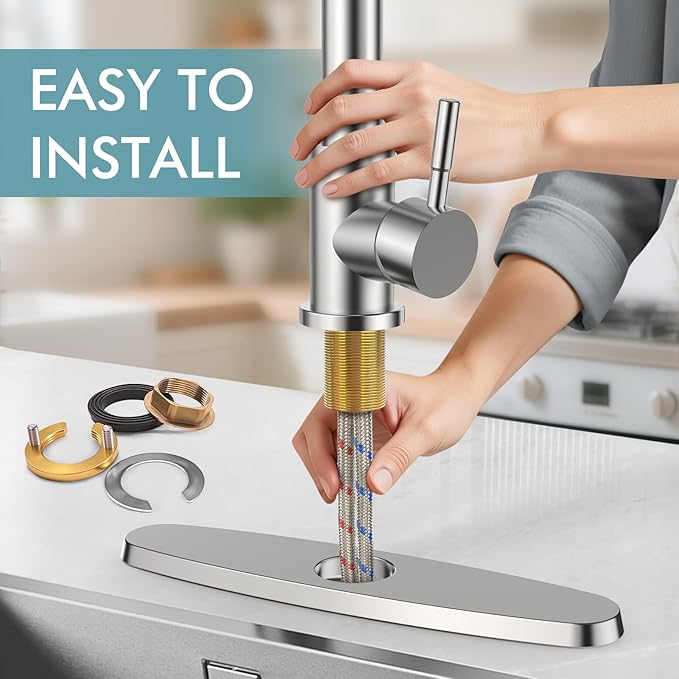 FEELSO Kitchen Faucet with Pull Down Sprayer, High Arc Stainless Steel Single Handle Kitchen Sink Faucet, 1 or 3 Hole Brushed Nickel Kitchen Faucets for Farmhouse Camper Rv Bar