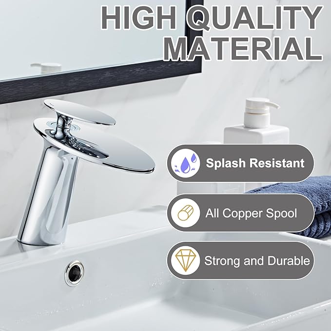 Wovier Chrome Waterfall Bathroom Sink Faucet,Single Handle Single Hole Brass Lavatory Vanity Faucet,Slanted Body Basin Mixer Tap with Supply Hose and Pop Up Drain Assembly