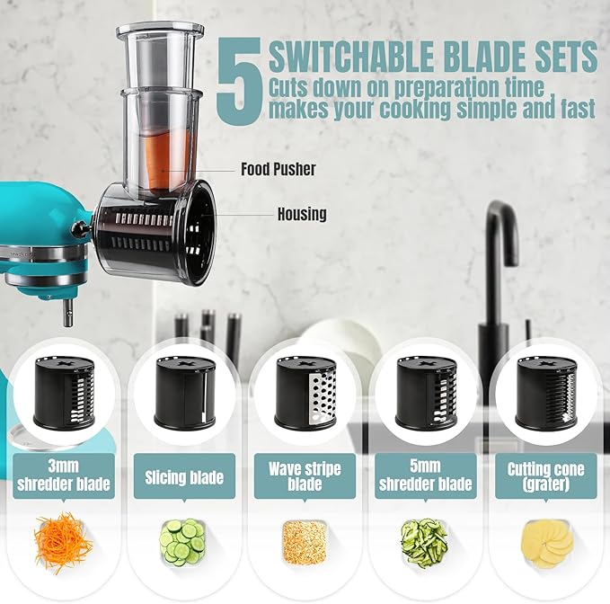 Stainless Steel Slicer Shredder Attachments for KitchenAid Stand Mixers, Vegetable Shredder, Cheese Grater, Salad Maker, Food Slicers Chopper Grinding Powder Accessories with Detachable 5 Blades