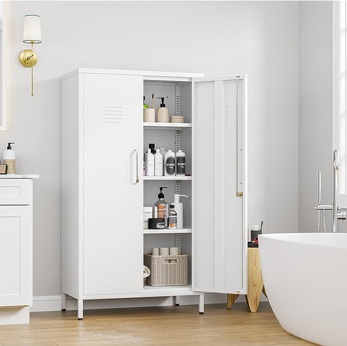 Ckzbx Tall Narrow Storage Cabinet 51.18" H Bathroom Cabinet Metal Pantry Cabinets, 3 Adjustable Shelves for Kitchen, Home Office, Living Room, Dinning Room (30 inches Wide White)