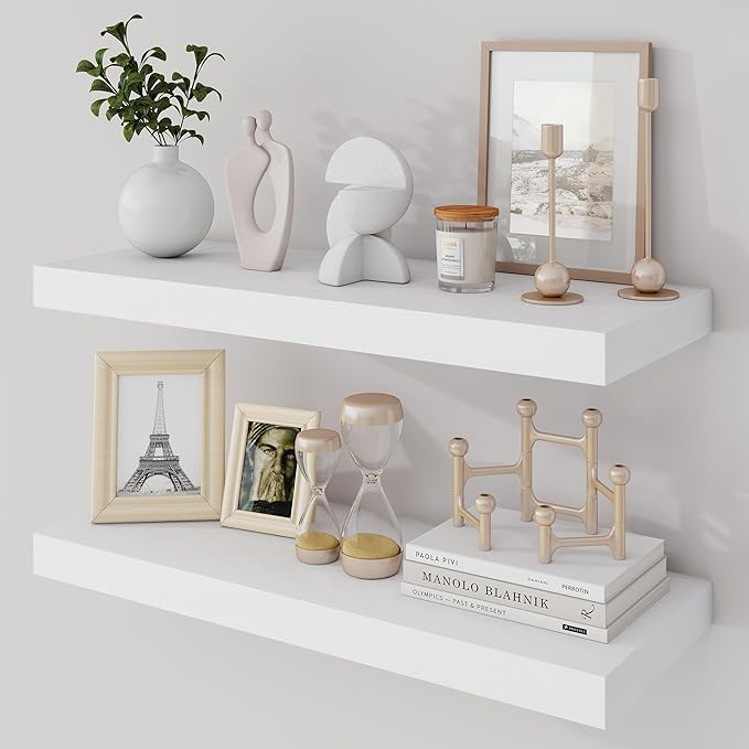 Acovy 24 Inch Floating Shelves, 9.3" Deep Floating Shelf Wall Mounted, 24" Wall Shelves, Rustic Deep Bookshelf, Large Display Shelves & Storage Shelves for Bedroom, Living Room, White, Set of 2