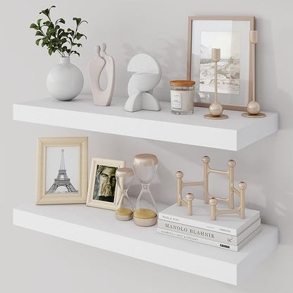 Acovy 24 Inch Floating Shelves, 9.3" Deep Floating Shelf Wall Mounted, 24" Wall Shelves, Rustic Deep Bookshelf, Large Display Shelves & Storage Shelves for Bedroom, Living Room, White, Set of 2