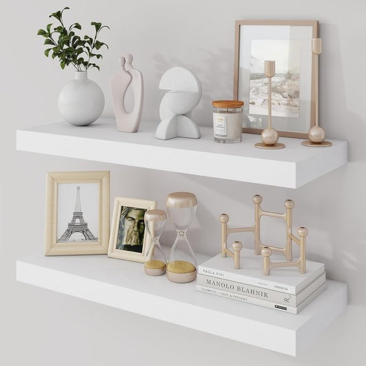 Acovy 24 Inch Floating Shelves, 9.3" Deep Floating Shelf Wall Mounted, 24" Wall Shelves, Rustic Deep Bookshelf, Large Display Shelves & Storage Shelves for Bedroom, Living Room, White, Set of 2