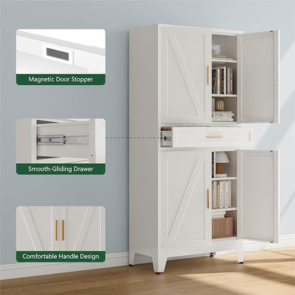 Bevivog Metal Storage Cabinet with Drawers, Tall Cabinets with Doors and Shelves, 4 Doors High Storage Cabinet for Office/Pantry/Living Room