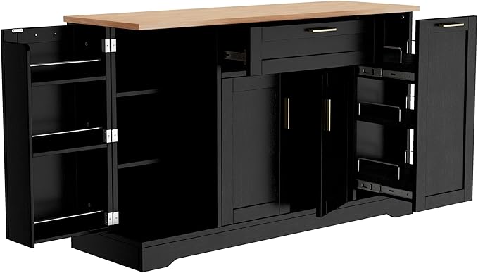 Sideboard Buffet Cabinet with 3-Tier Pull-Out Rack, Multi-Functional Kitchen Island with Adjustable Shelves and Drawers, Wood Buffet Table for Kitchen, Dining Room, Living Room, Black