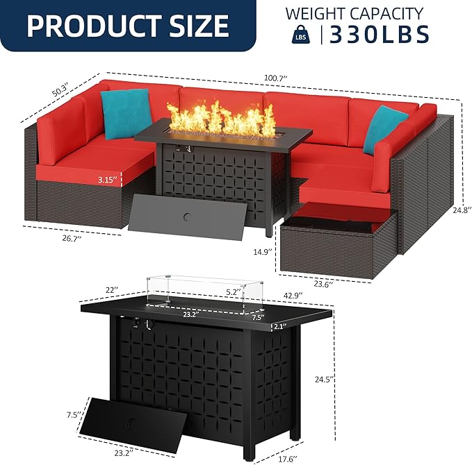 Vongrasig 8 Pieces Patio Furniture Set with 43" Fire Pit, Outdoor Couch Sectional Set, Small Conversation Set, 50,000 BTU Gas Fire Pit Propane Fire Table with Lid, Glass Wind Guard, Red