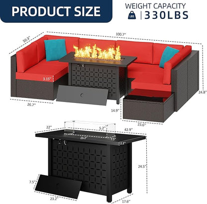 Vongrasig 8 Pieces Patio Furniture Set with 43" Fire Pit, Outdoor Couch Sectional Set, Small Conversation Set, 50,000 BTU Gas Fire Pit Propane Fire Table with Lid, Glass Wind Guard, Red
