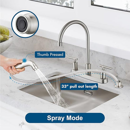 Kitchen Faucets, High Arc 360°Rotating Spout Kitchen Sink Faucet, 2 Handle 8 Inch Centerset RV Kitchen Faucet with Supply Lines, 3 or 4 Hole Kitchen Faucet with Side Sprayer, Brushed Nickel