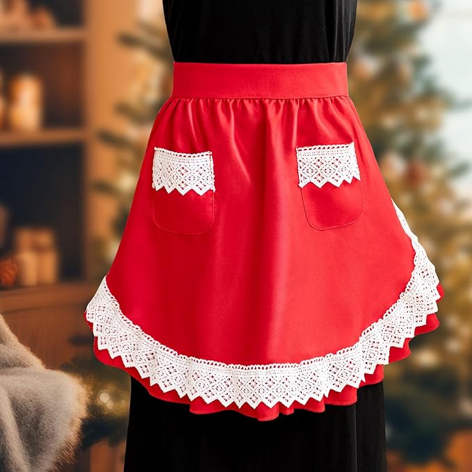 Geyoga Valentine Red Waist Aprons for Women with Pockets Kitchen Waitress Maid Apron Vintage Skirt Cute Ruffle Dress Costume