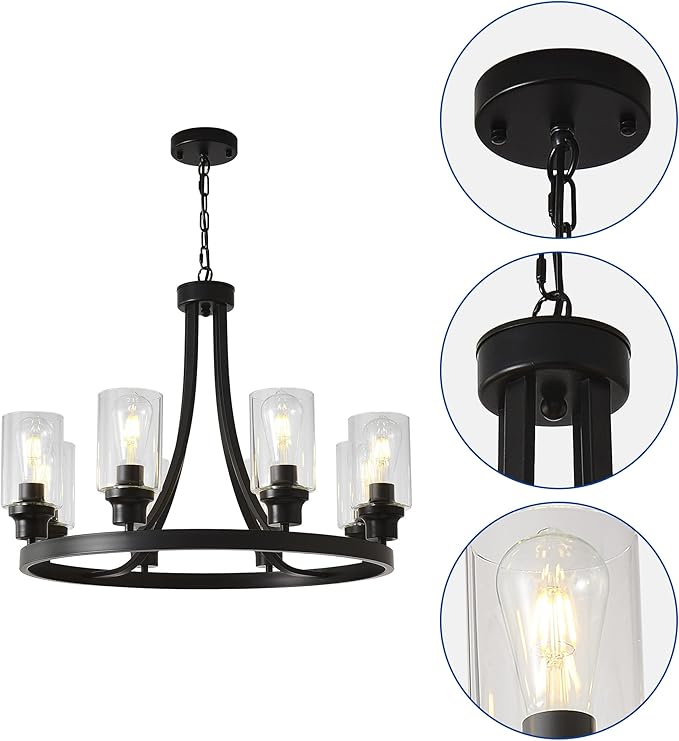 Black Wagon Wheel Chandelier 8 Lights, Rustic Chandelier Kitchen Island Lighting Industrial Chandelier with Clear Glass Shade, Farmhouse Pendant Light for Dining Room Living Room Bedroom