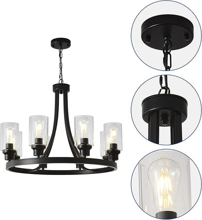 Black Wagon Wheel Chandelier 8 Lights, Rustic Chandelier Kitchen Island Lighting Industrial Chandelier with Clear Glass Shade, Farmhouse Pendant Light for Dining Room Living Room Bedroom