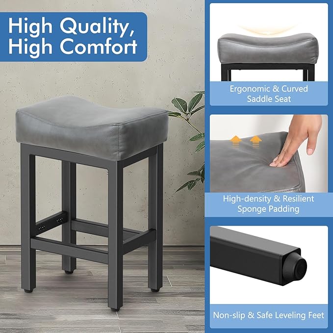 Raynesys Counter Height Bar Stools Set of 2, 24 Inch Barstools for Kitchen Island Counter, Bonded Leather Kitchen Stools with Thick Saddle Seats & Heavy Duty Metal Base, Easy Assembly, Gray/Black