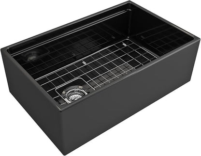 BOCCHI Contempo Workstation Apron Front Step Rim Fireclay 30 in. Single Bowl Kitchen Sink with Accessories in Black