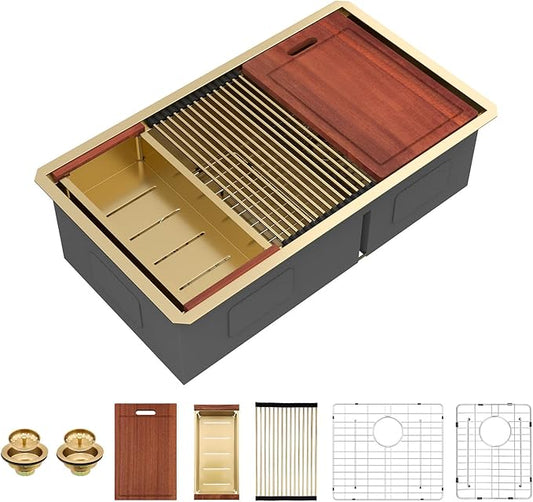 Sarlai 33 Inch Gold Undermount Kitchen Sink Double Bowl 33 x 19 Inch Low Divided Gold Workstation Double Kitchen Sink Stainless Steel 16 Gauge 60/40 Sinks Basin