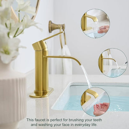 VOTON Waterfall Bathroom Faucet Brushed Gold, Single Handle 1 or 3 Hole Modern Sink Faucet with Deck Plate & Pop-Up Drain, RV Camper Vanity Washbasin Tap