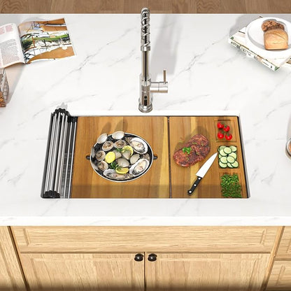 32 Undermount Kitchen Sink 16 Gauge 304 Stainless Steel Single Bowl Multifunctional 32x19 Undermount Workstation Sink with Accessories #TLU-0038
