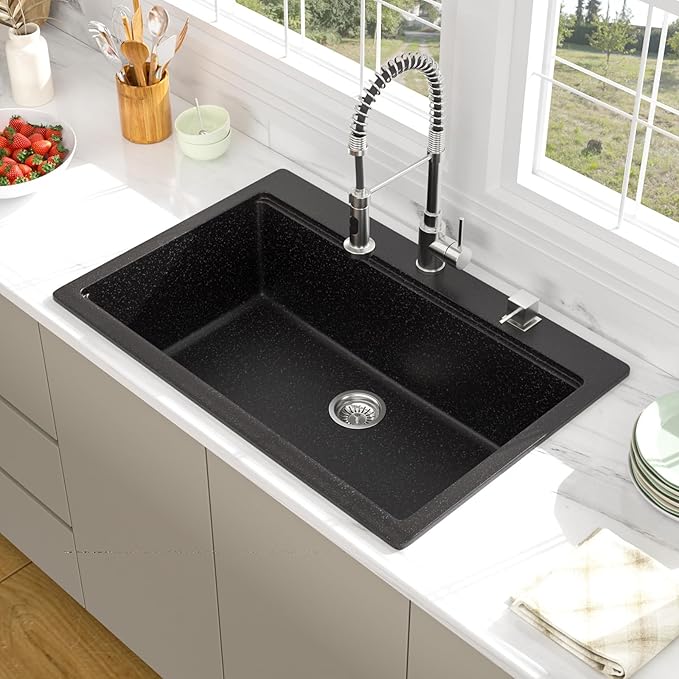 33 Granite Composite Kitchen Sink - Beslend 33x22 Drop In Black Kitchen Sink, Topmount Granite Luxury Above Counter Worksation Black Sinks Easy Clean Quartz Dish Basin for Kitchen Remodel