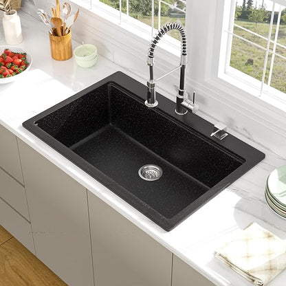 33 Granite Composite Kitchen Sink - Beslend 33x22 Drop In Black Kitchen Sink, Topmount Granite Luxury Above Counter Worksation Black Sinks Easy Clean Quartz Dish Basin for Kitchen Remodel