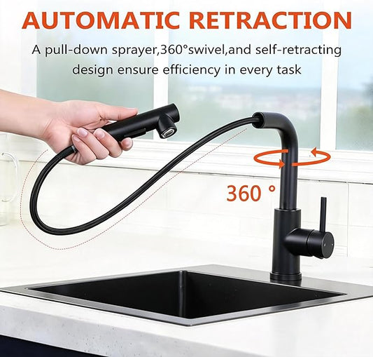 Friho Modern Bar Sink Faucet, Single Handle Pull Out Sprayer Kitchen Sink Faucet, Hot Cold Water Prep Sink Faucet with Pull Down Spray Head, Matte Black