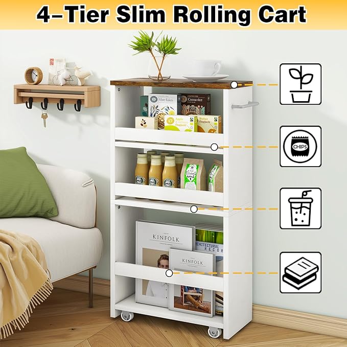IBUYKE Slim Storage Cart, 4-Tier Skinny Rolling Cart, 5.9" Narrow Utility Trolley with Handle & Lockable Wheels,Thin Shelf for Kitchen, Laundry Room, Bathroom, Small Spaces,Space-Saving WST005W