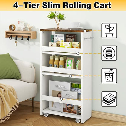 IBUYKE Slim Storage Cart, 4-Tier Skinny Rolling Cart, 5.9" Narrow Utility Trolley with Handle & Lockable Wheels,Thin Shelf for Kitchen, Laundry Room, Bathroom, Small Spaces,Space-Saving WST005W