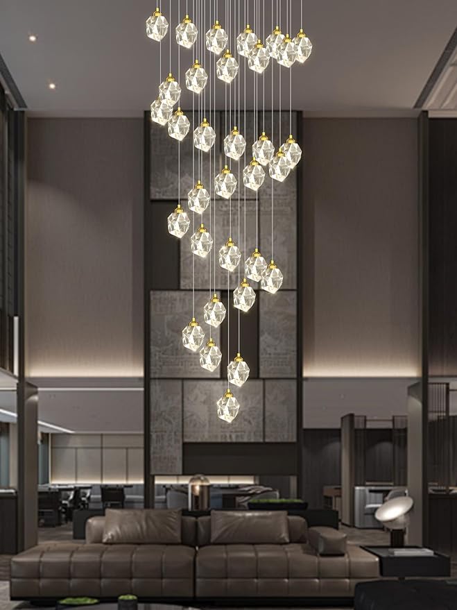 Gold Spiral Staircase Crystal Chandeliers 32-Lights 150 inch Long High Ceiling Chandelier Entrance Foyer Flush Mount Slopped Inclined Ceiling LED Dimmable 3000-6000K