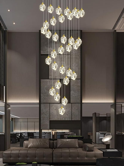 Gold Spiral Staircase Crystal Chandeliers 32-Lights 150 inch Long High Ceiling Chandelier Entrance Foyer Flush Mount Slopped Inclined Ceiling LED Dimmable 3000-6000K