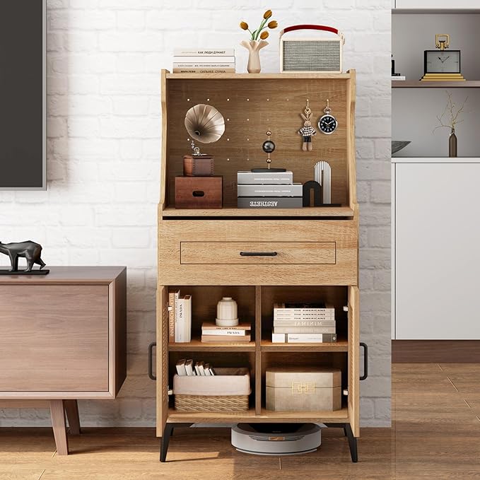 LOKO 45.5” Kitchen Pantry Cabinet Set of 2, Coffee Bar Cabinet with DIY Pegboard, Rattan Buffet Sideboard with Adjustable Shelf, Mid Century Modern Hutch Cabinet for Living Room, Oak (2)