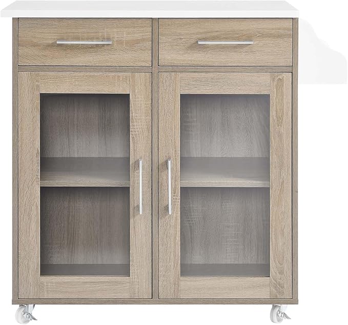 Modway Cuisine Rolling Kitchen Cart with Storage in Oak White - Portable Island for Kitchen with Spice Rack, Perfect as a Coffee Bar Cabinet, Butcher Block Island or Kitchen Island on Wheels