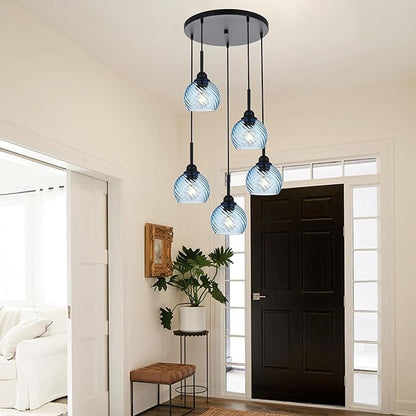 5 Light Cluster Pendant Lighting with Striped Swirl Globe Glass Blue Pendant Light for Kitchen Island, Modern Dining Room Light Fixtures Over Table Hanging Ceiling Light, E26 Base