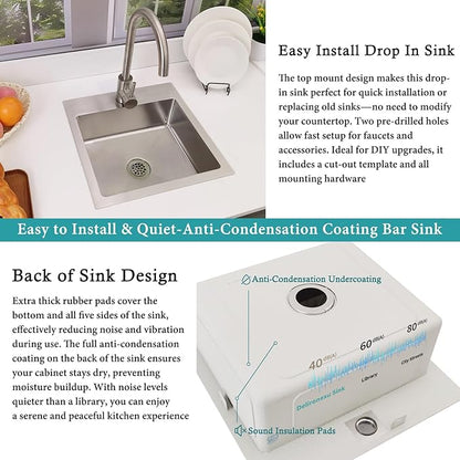 15 Inch Drop In Bar Sink – Delironexu 18 Gauge Stainless Steel Small Kitchen sinks & Small Bar Sink, 15"x15" Wet bar sink with 2" Drain Hole, Brushed Finish, Ideal for RV, Prep, and Outdoor Use