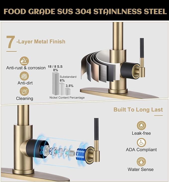 Kitchen Faucet with Pull Down Sprayer, Brushed Gold High Arc Stainless Steel Single Handle Kitchen Sink Faucet, 3 Spray Modes Metal Head, 1 Hole or 3 Hole Installation for Farmhouse