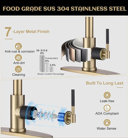 Kitchen Faucet with Pull Down Sprayer, Brushed Gold High Arc Stainless Steel Single Handle Kitchen Sink Faucet, 3 Spray Modes Metal Head, 1 Hole or 3 Hole Installation for Farmhouse