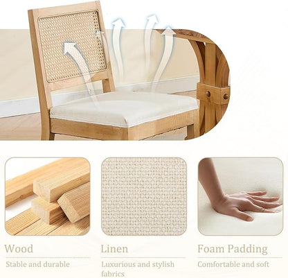 Modern Wooden Dining Chair Set of 6, Farmhouse Kitchen & Dining Room Chair with Solid Wood Legs, Rattan Upholstered Kitchen Chairs for Restaurant/Living Room (Beige, Set of 6)