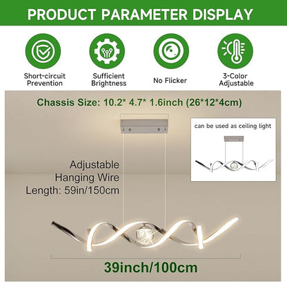 ORANOOR LED Modern Chandeliers for Dining Room, 39in Dimmable Chrome Chandelier Kitchen Pendant Lighting Over Island, Linear Wave Spiral Pendant Light Fixtures Dining Room Lights Ceiling Hanging, 36W