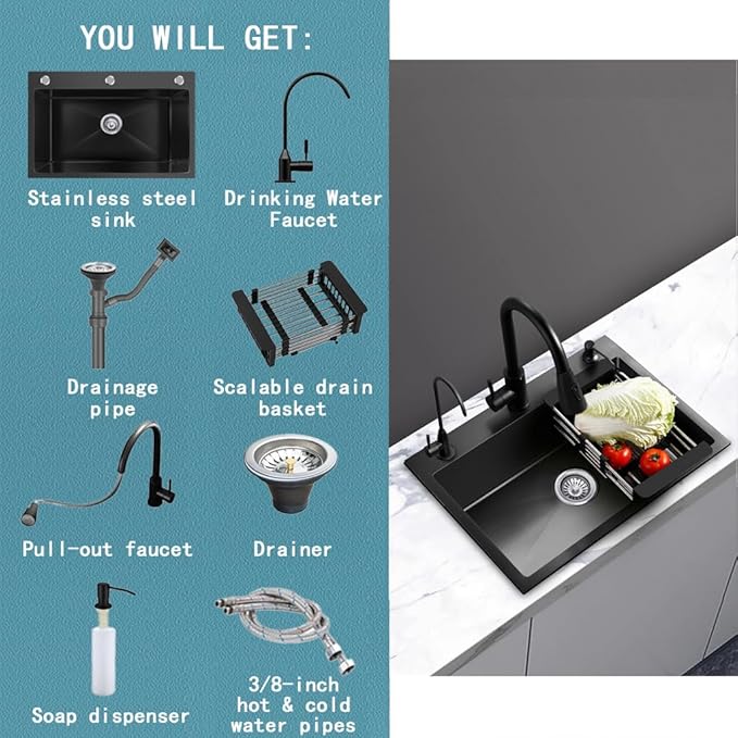 29.5 x 17.7 Inch Black Single Bowl Sink with faucet,Large Capacity Stainless Steel Drop In Kitchen Sink,Topmount Utility Workstation Sink With Multiple Accessories