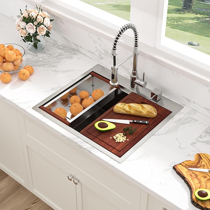 Sarlai 25 Kitchen Sink Drop-In Workstation - 25 x 22 Inch Topmount Ledge Stainless Steel 16 Gauge Single Bowl Over Counter for Kitchen, Laundry, Utility Room