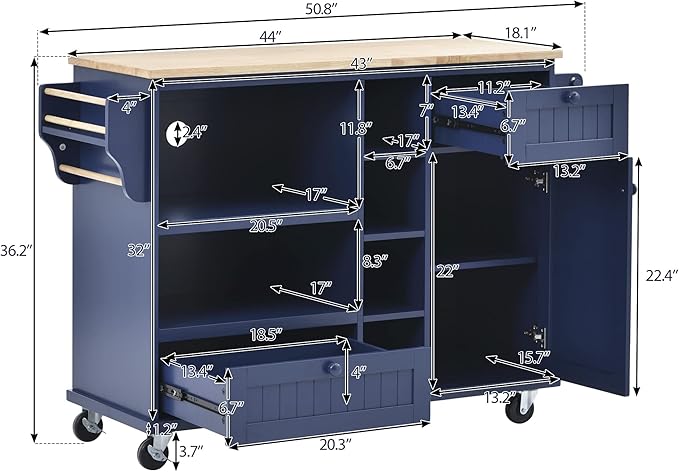 Kitchen Island Cart with Storage Cabinet and Two Locking Wheels, Microwave Cabinet, Solid Wood Desktop, Floor Standing Buffet Server Sideboard for Kitchen Room, Dining Room, Bathroom (Dark blue-JZP1)